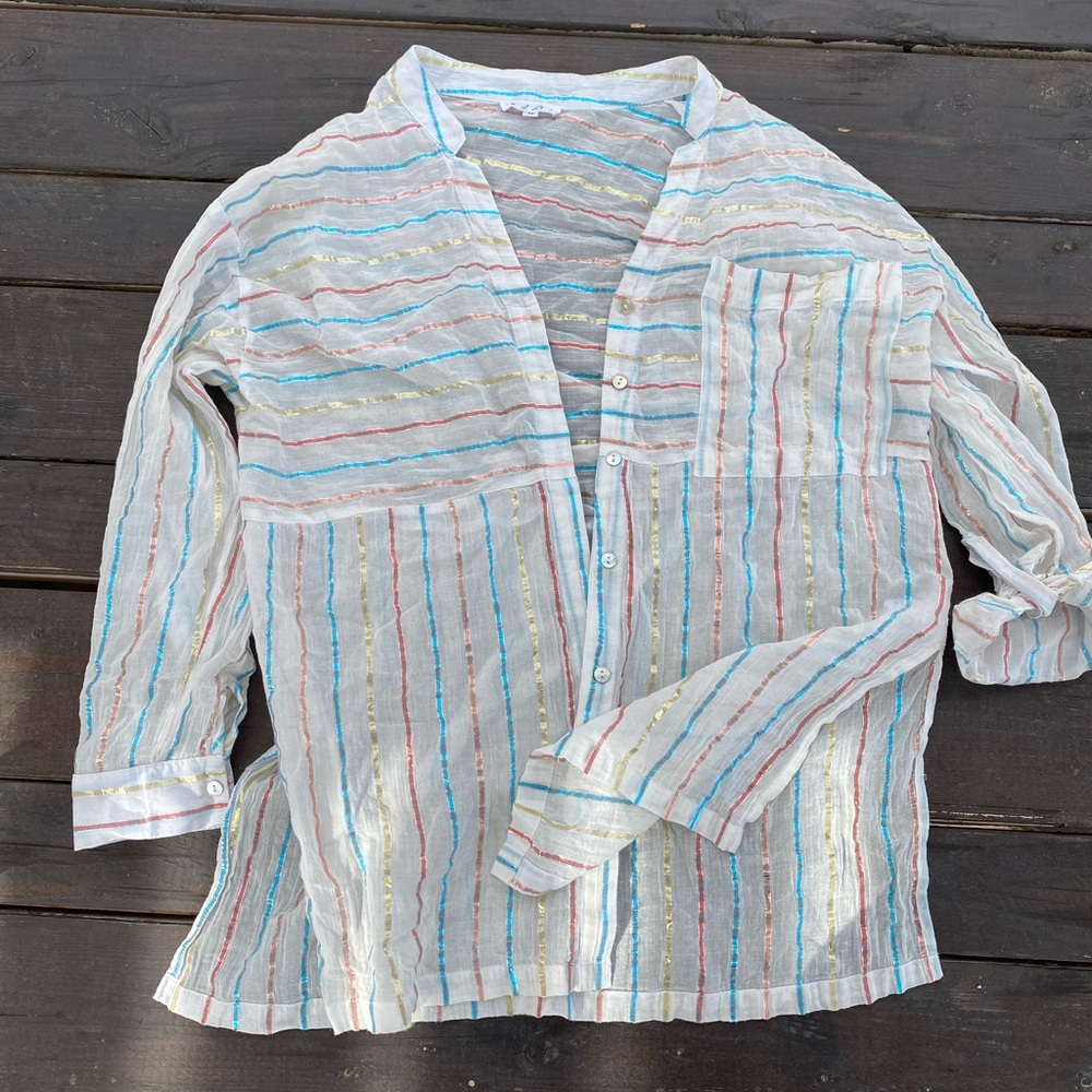 Linen tunic button down, colorful metallic stripes